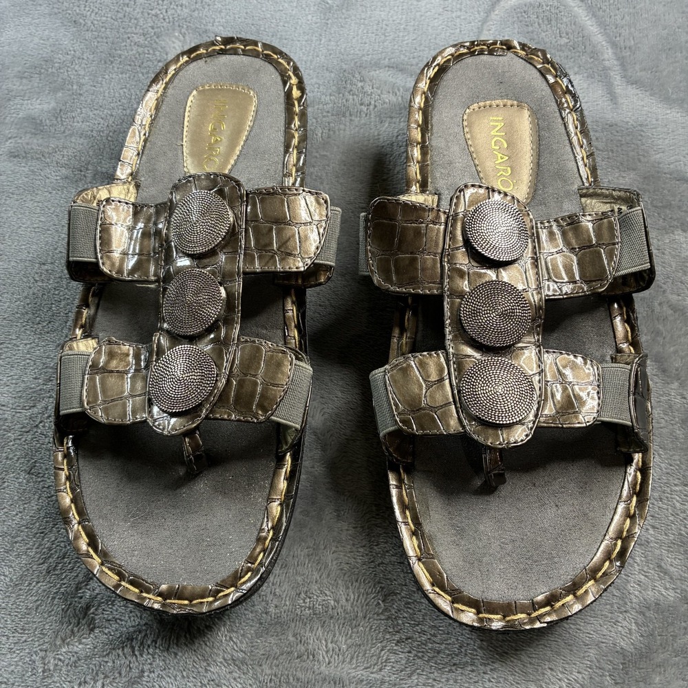 INGARO Women's Sz 9 LUCY Bronze Metallic Thong Sandals Medallions Double Strap‎